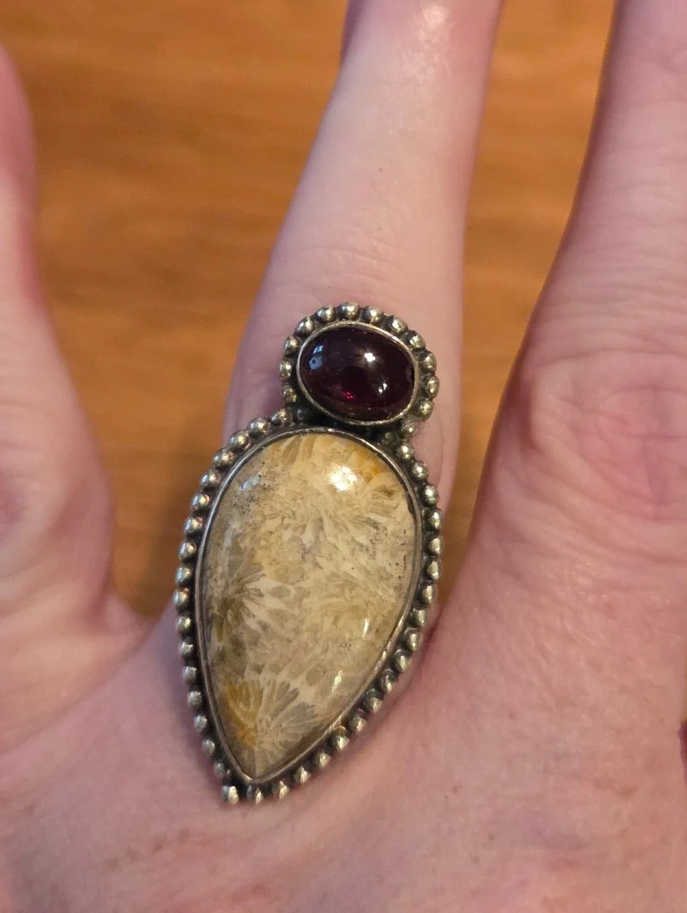 Sterling Silver Beige Fossil & Garnet Teardrop Statement Ring
